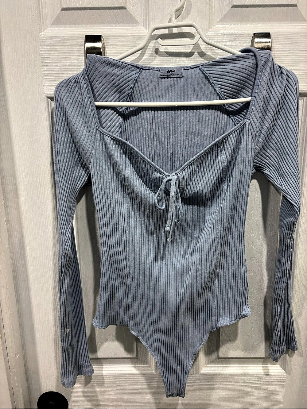 AERIE Ribbed Tie-Front Bodysuit in Blue Size Small